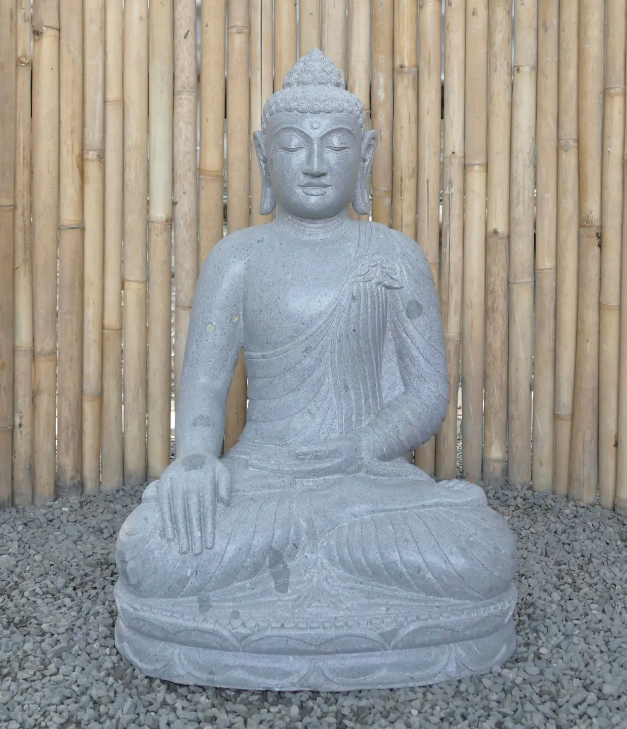  Product image 1 of the product “Seated Buddha made of Riverstone in Bhumisparsha - gesture of touching the earth. 86cm height. ”